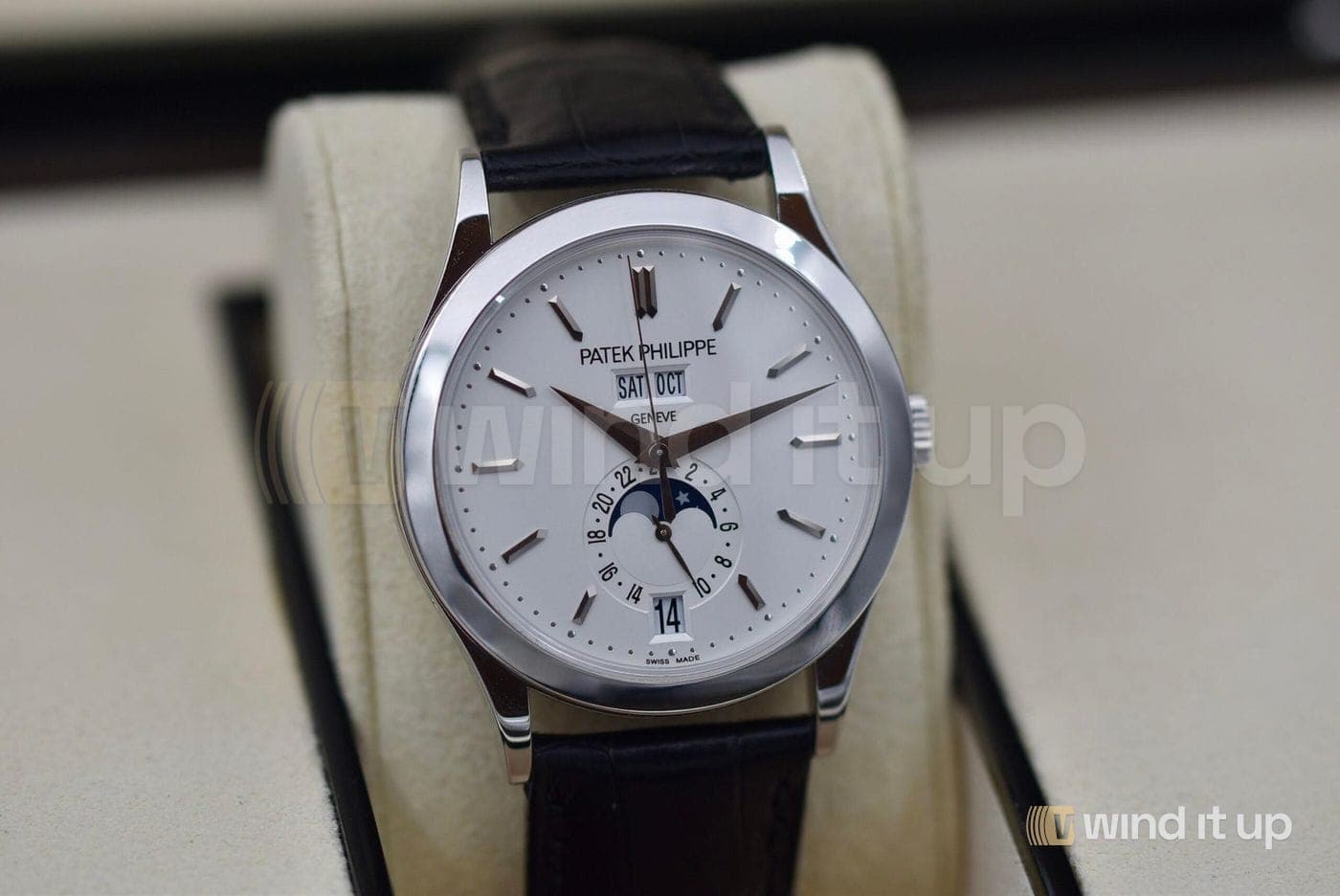 Patek Philippe Annual Calendar 5396G-011 — silver opaline, applied baton markers, 18k white gold, 2015