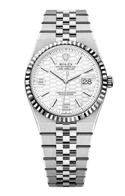 Rolex Land-Dweller 127234 in white Rolesor with intaglio honeycomb silver dial and fluted white gold bezel on Jubilee bracelet — 40mm new Dynapulse escapement